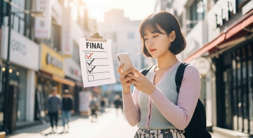 스마트폰으로 최종 체크리스트를 확인 중인 모습