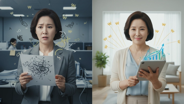 IRP 중도해지로 인한 복잡한 세금과 손실에 직면한 한국인 여성의 모습(왼쪽)과, 현명한 자금 인출 전략으로 안정적인 노후를 설계하는 같은 여성의 편안하고 자신감 있는 모습(오른쪽)을 대비하는 스플릿 스크린 이미지.