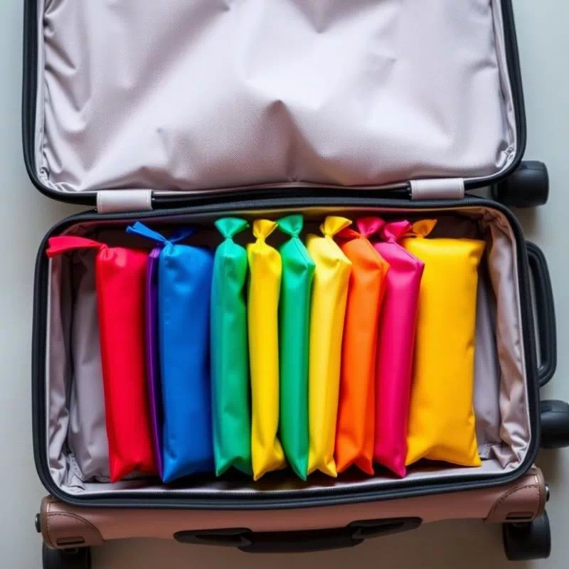 캐리어 안에 색깔별 파우치들이 책처럼 세로로 깔끔하게 정리된 모습