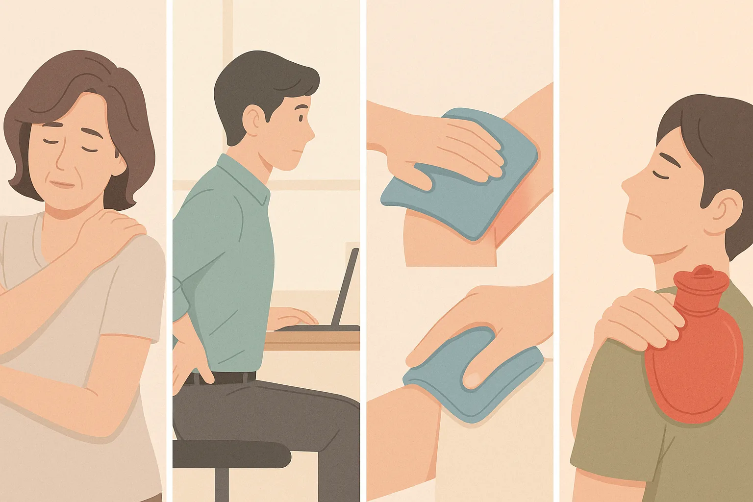 어깨 스트레칭을 하는 중년 여성, 자세를 바로잡는 직장인, 냉찜질 장면, 온찜질 장면