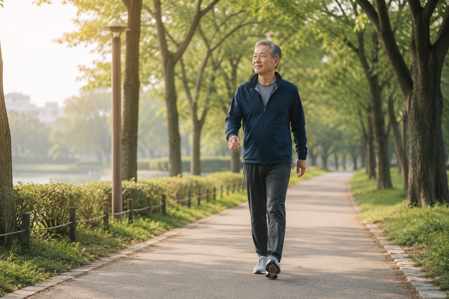 아침 공원 평지에서 올바른 자세로 걷기 운동 중인 60대 남성