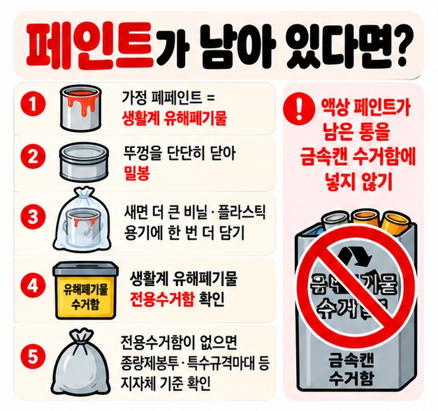 페인트가 남아 있으면 통을 밀봉해 생활계 유해폐기물 전용수거함 또는 지자체 지정 방식으로 배출하는 방법 카드