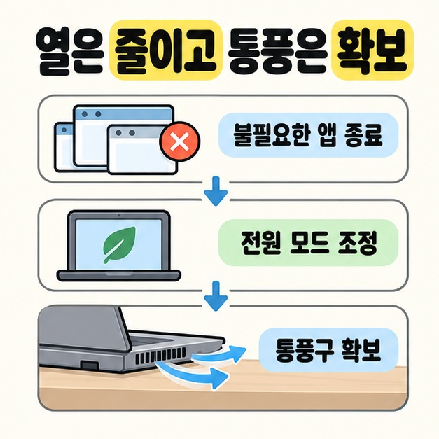 불필요한 앱 종료에서 전원 모드 조정을 거쳐 책상 위 노트북의 통풍구 확보로 이어지는 세 단계 그림