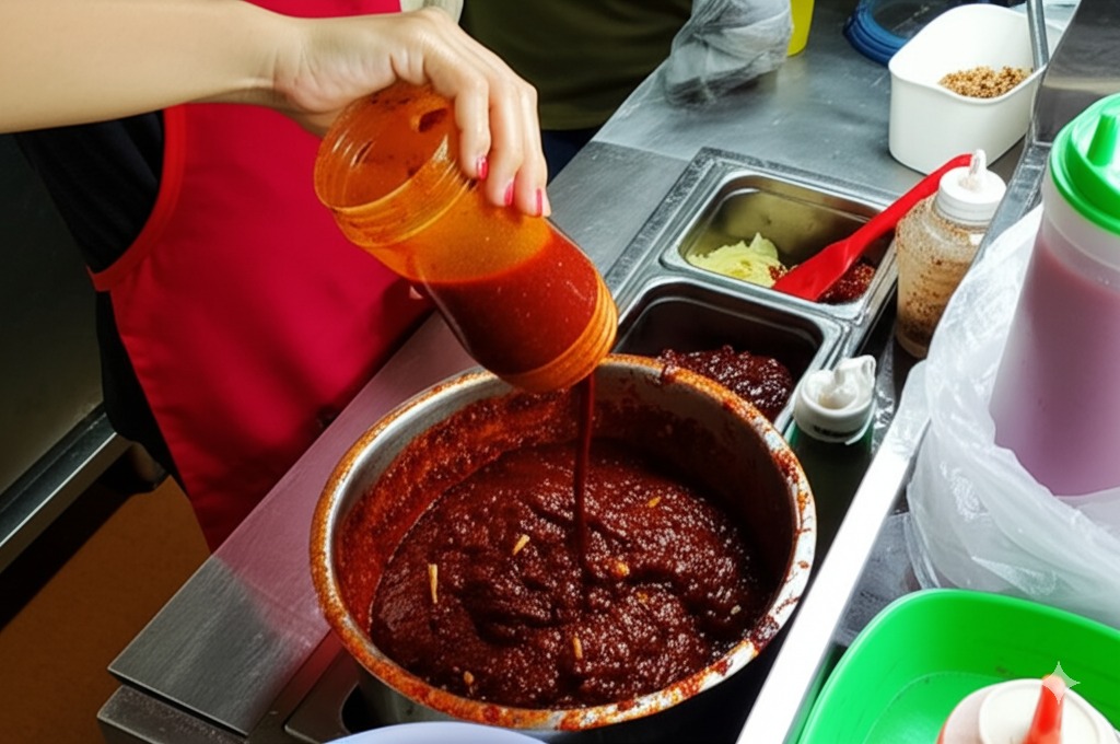 당면에 특제 양념장을 넣는 모습