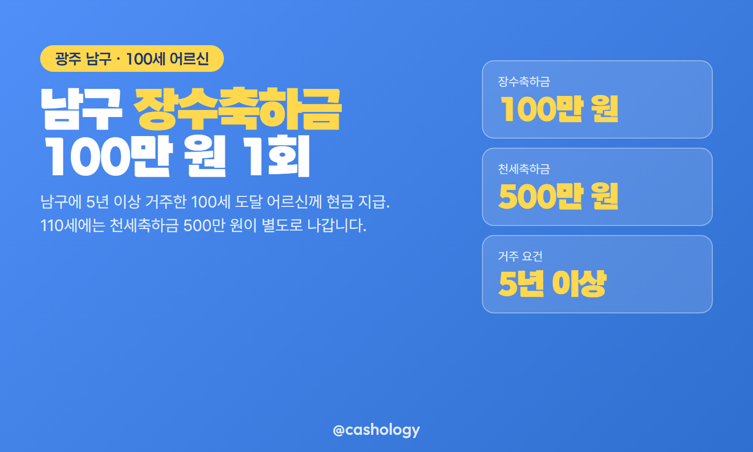 광주 남구 장수축하금 100만 원 지급 안내