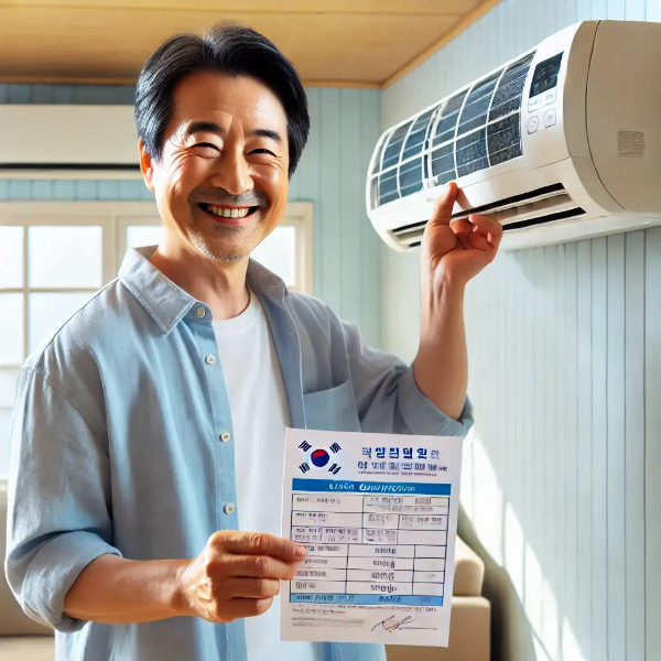 작은 아파트에서 새 에어컨을 조절하며 서비스 확인서를 들고 미소 짓는 동양인 중년 남성의 초고해상도 사진