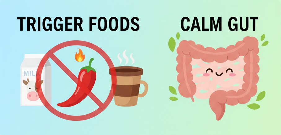 설사를 유발하는 매운 음식, 우유, 커피 등과 장 건강의 대비를 나타내는 인포그래픽