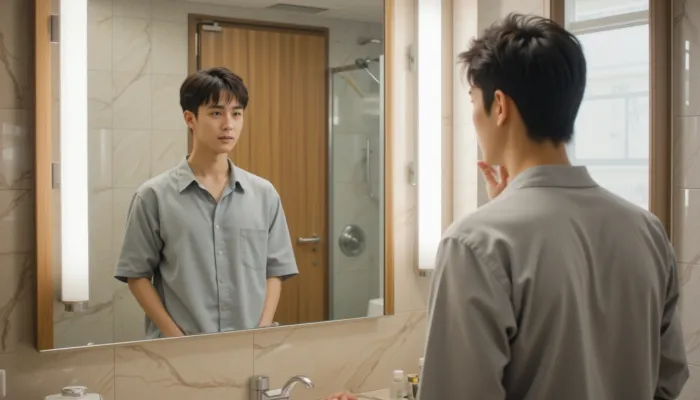 비타민B3 효능으로 자신감 있게 거울을 보는 남성의 모습