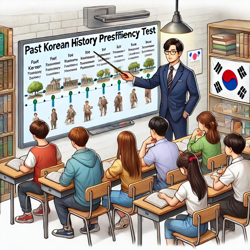 교실에서 교사가 칠판에 연표를 사용해 한국사 능력 검정시험 기출문제를 해설하는 모습. 학생들은 집중하며 필기하고 있는 학습 환경