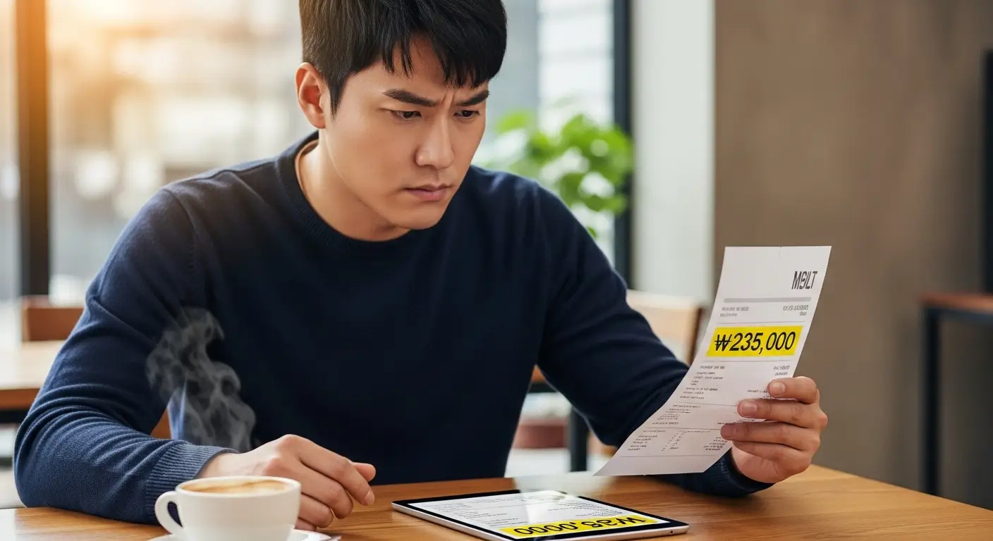 스마트폰 화면에 뜬 다음 달 휴대폰 요금 청구서를 보며, 계획적인 소비를 다짐하는 사용자의 모습