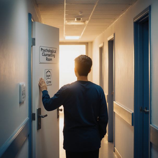 상담실이나 병원 문 앞에 서 있는 사람의 뒷모습