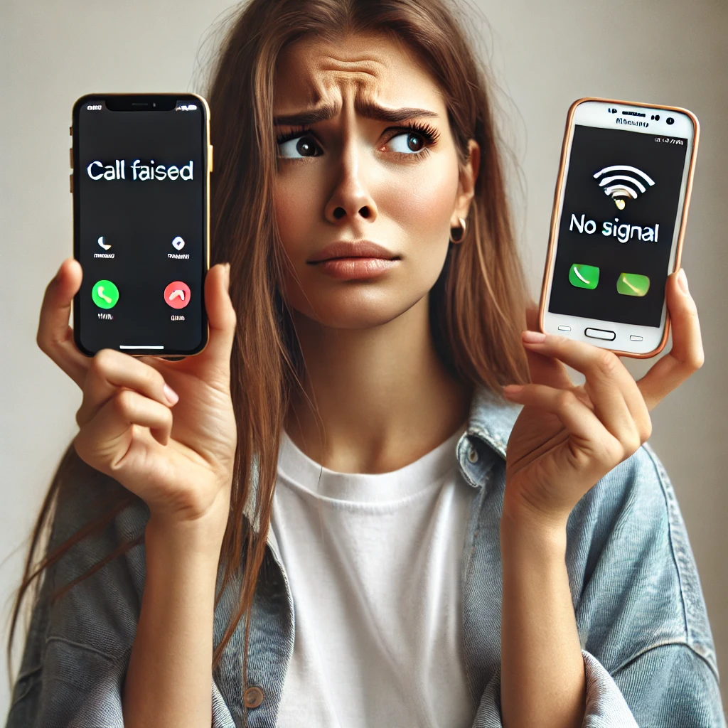 스마트폰 통화 문제로 곤란해하는 여성. 한 손에 아이폰을 들고 화면에 '통화 실패' 메시지가 표시되고, 다른 손의 갤럭시 스마트폰 화면에는 '신호 없음' 경고가 보입니다. 스마트폰 연결 문제를 시각적으로 표현한 이미지입니다