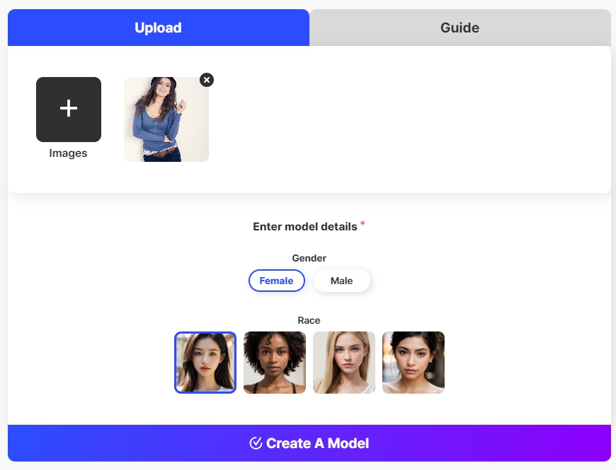 Draph Artのモデル顔変更メニューのスクリーンショットで、モデル写真がアップロードされ、性別と国籍を選択するオプションが表示されている画面。