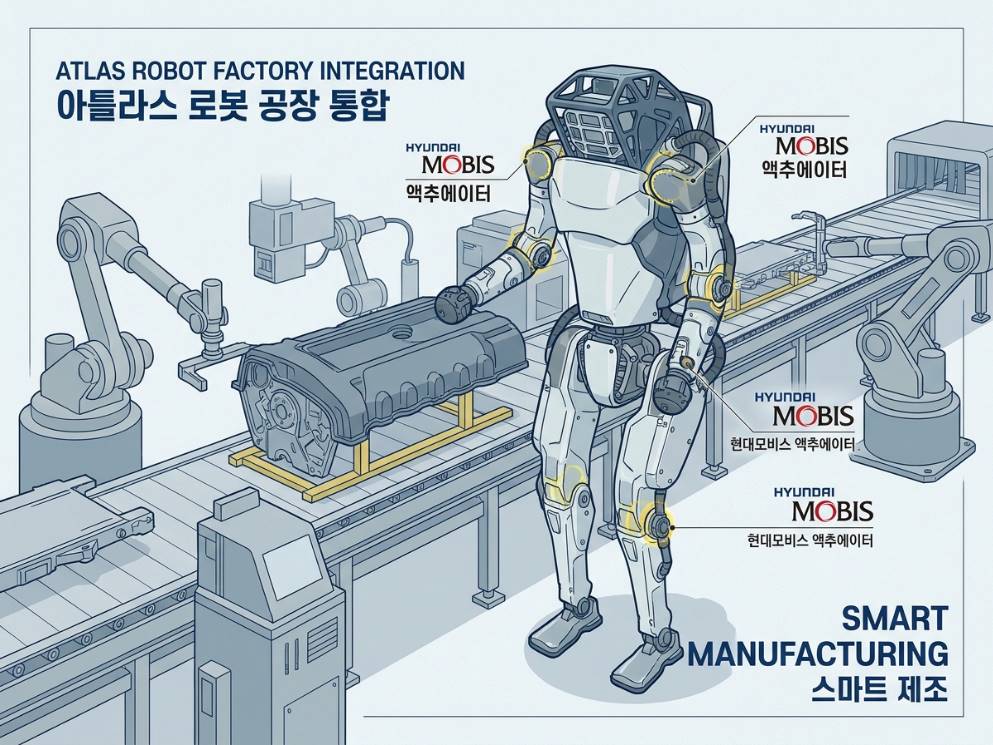 보스턴다이내믹스의 휴머노이드 로봇 아틀라스가 공장 환경에서 작업하는 모습 일러스트