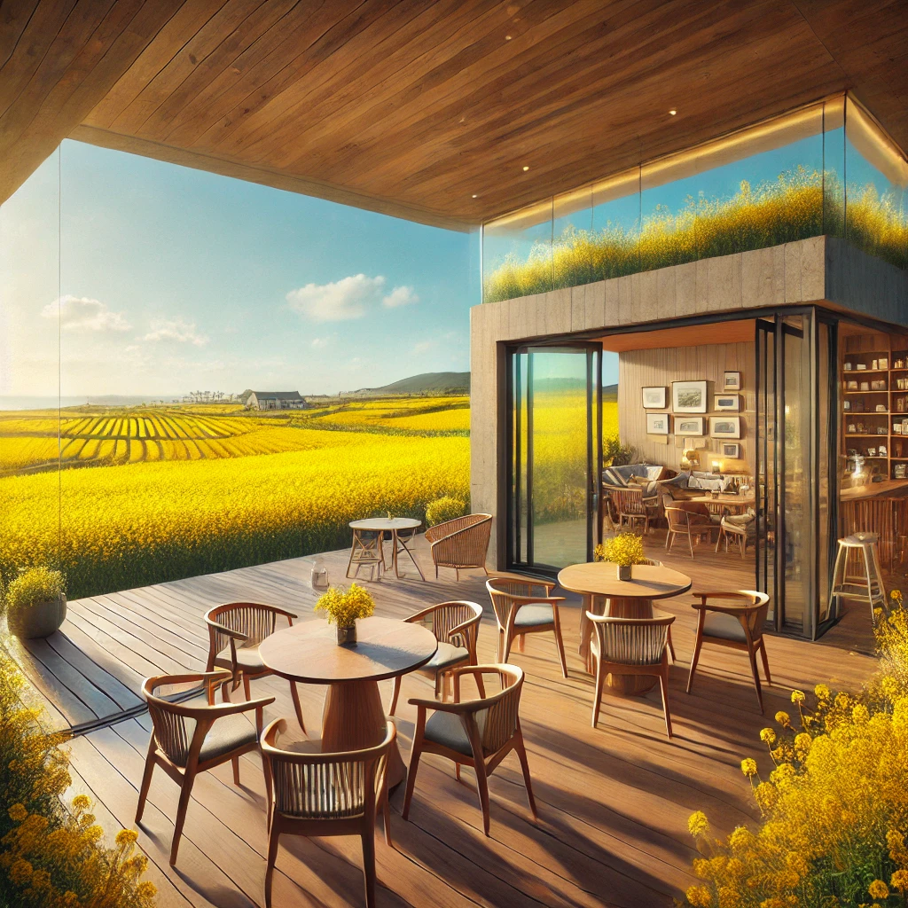 제주도의 노란 유채꽃밭과 푸른 하늘을 배경으로 자리한 감성적인 카페, 창밖으로 꽃밭이 보이는 테라스 좌석