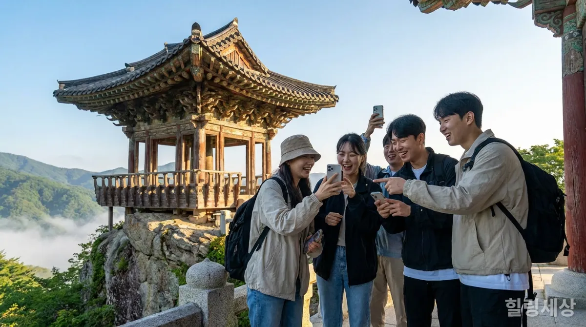 MZ세대 젊은이들이 아름다운 사찰 풍경을 배경으로 사진을 찍으며 즐거워하는 모습