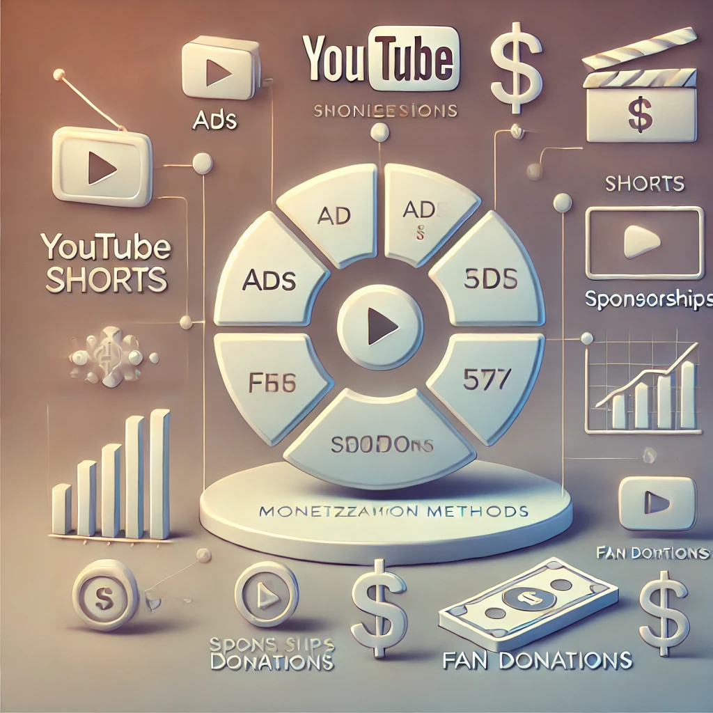 현대적이고 세련된 디자인의 유튜브 숏츠 수익화 방법 이미지. 광고, 스폰서십, 팬 후원을 상징하는 아이콘과 함께 수익 분포를 나타내는 파이 차트가 포함되어 있습니다. 배경은 달러 표시와 비디오 플레이 버튼이 은은하게 통합되어 있으며, 재정적인 측면과 콘텐츠 제작을 반영합니다.