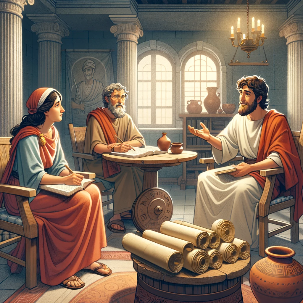 Here is the image depicting Priscilla and Aquila explaining the ways of God to Apollos, based on Acts 18:26.