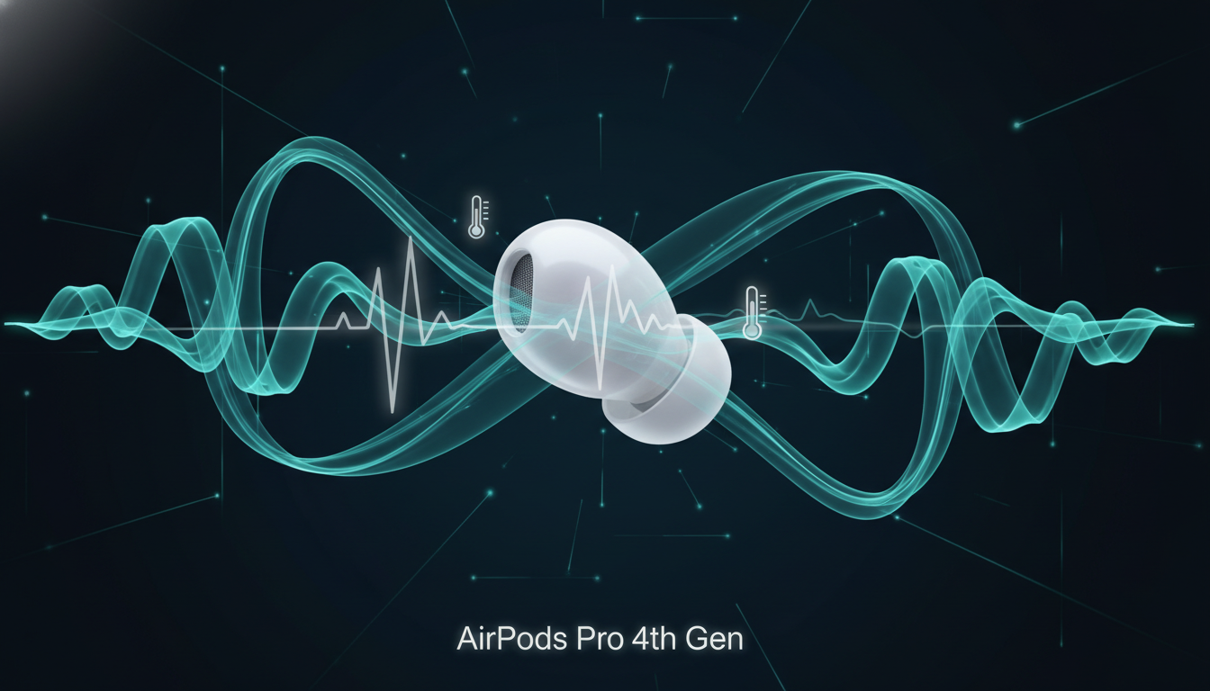에어팟 프로 4세대의 향상된 오디오 품질과 건강 모니터링 기능을 상징하는 추상적인 이미지. 이어버드 주변으로 음파와 생체 데이터 시각화가 어우러져 있습니다.
