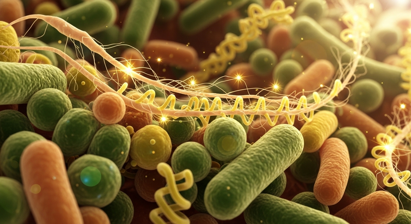 우엉 속 이눌린이 장내 유익균의 성장을 촉진하여 활발하고 건강한 장 환경을 만드는 모습을 시각적으로 표현한 이미지.