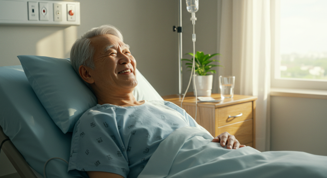 패혈증 치료 후 안정을 되찾은 노인의 미소