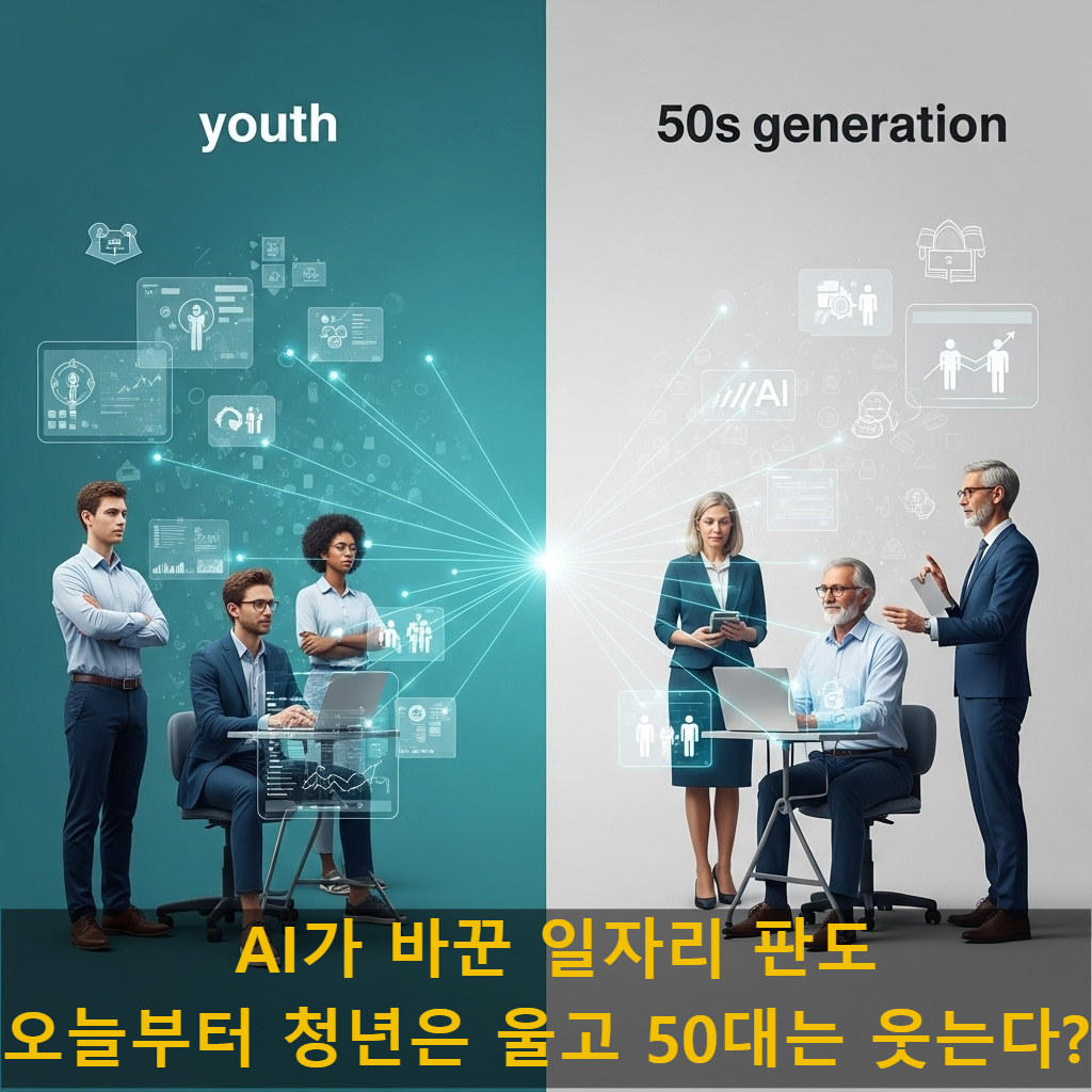 AI 기술이 청년층과 50대 이상 장년층의 일자리에 미치는 상반된 영향을 시각화한 이미지. 한쪽에는 감소하는 청년 일자리를, 다른 한쪽에는 AI 도구와 함께 성장하는 50대 일자리를 표현하여 세대별 노동 시장 변화를 보여줍니다.