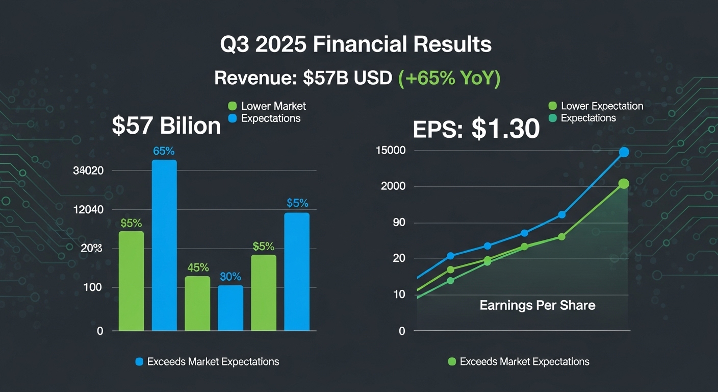 엔비디아의 2025년 3분기 매출 570억 달러와 65% 성장률을 보여주는 인포그래픽.