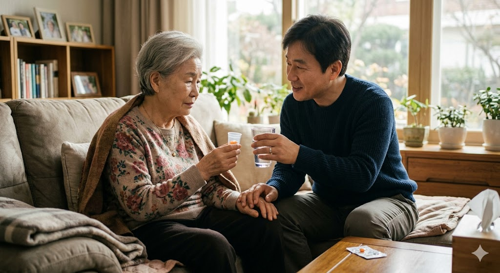 치매 환자의 손을 부드럽게 잡고 투약을 돕는 보호자의 모습