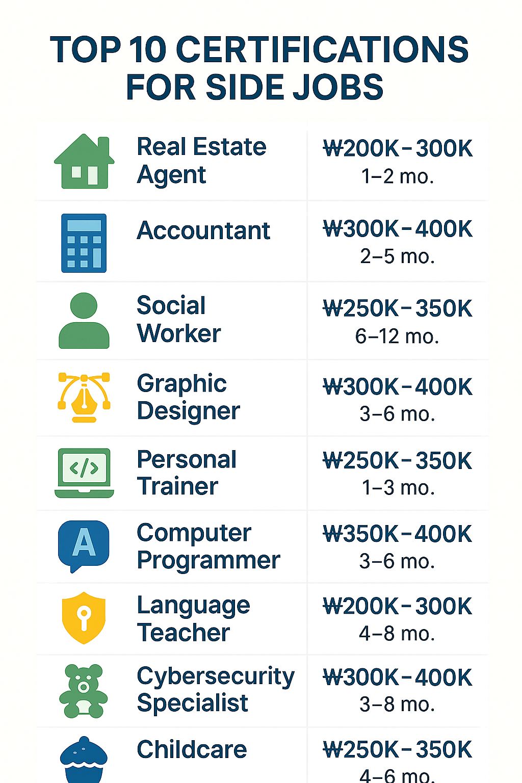 자격증별 월 평균 수익 및 취득 기간 비교 인포그래픽