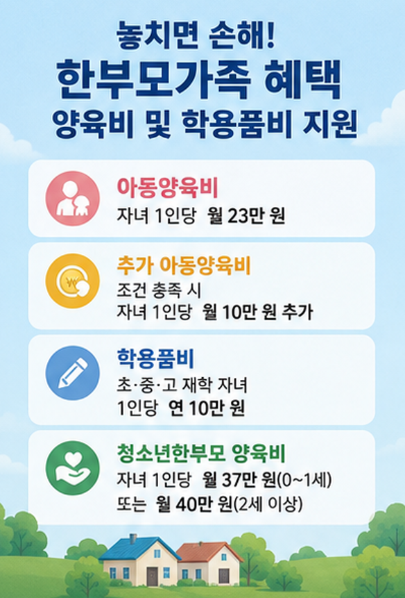 "양육비 월 23만원, 나도 받을 수 있다고?" - 2026 한부모가족 자격기준 및 혜택 핵심 정리 (대상, 신청방법, 필요서류 등)