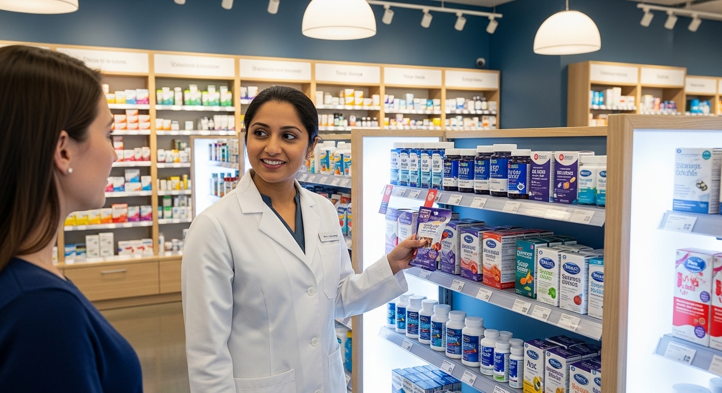 약국에서 약사에게 수면유도제 설명을 듣는 고객의 모습