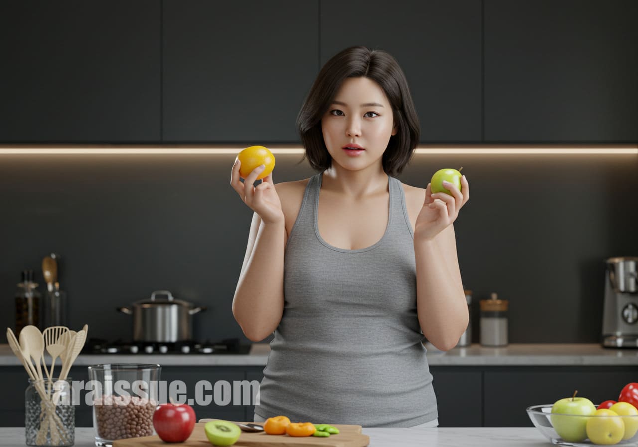 과일을 들고 있는 한국 사람, 현대적인 주방에서 건강한 식습관과 혈당 조절을 상징하는 이미지입니다. 배경은 세련된 주방 가전제품들이 놓여 있어 균형 잡힌 생활 방식을 강조합니다.