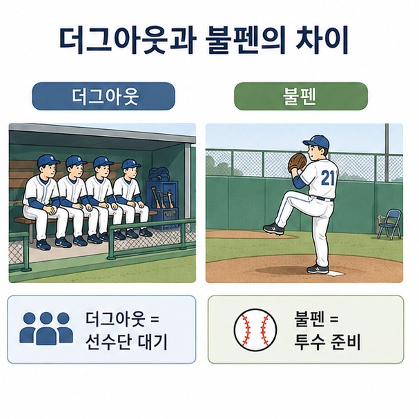 선수단이 대기하는 더그아웃과 투수가 몸을 푸는 불펜의 차이를 비교한 이미지