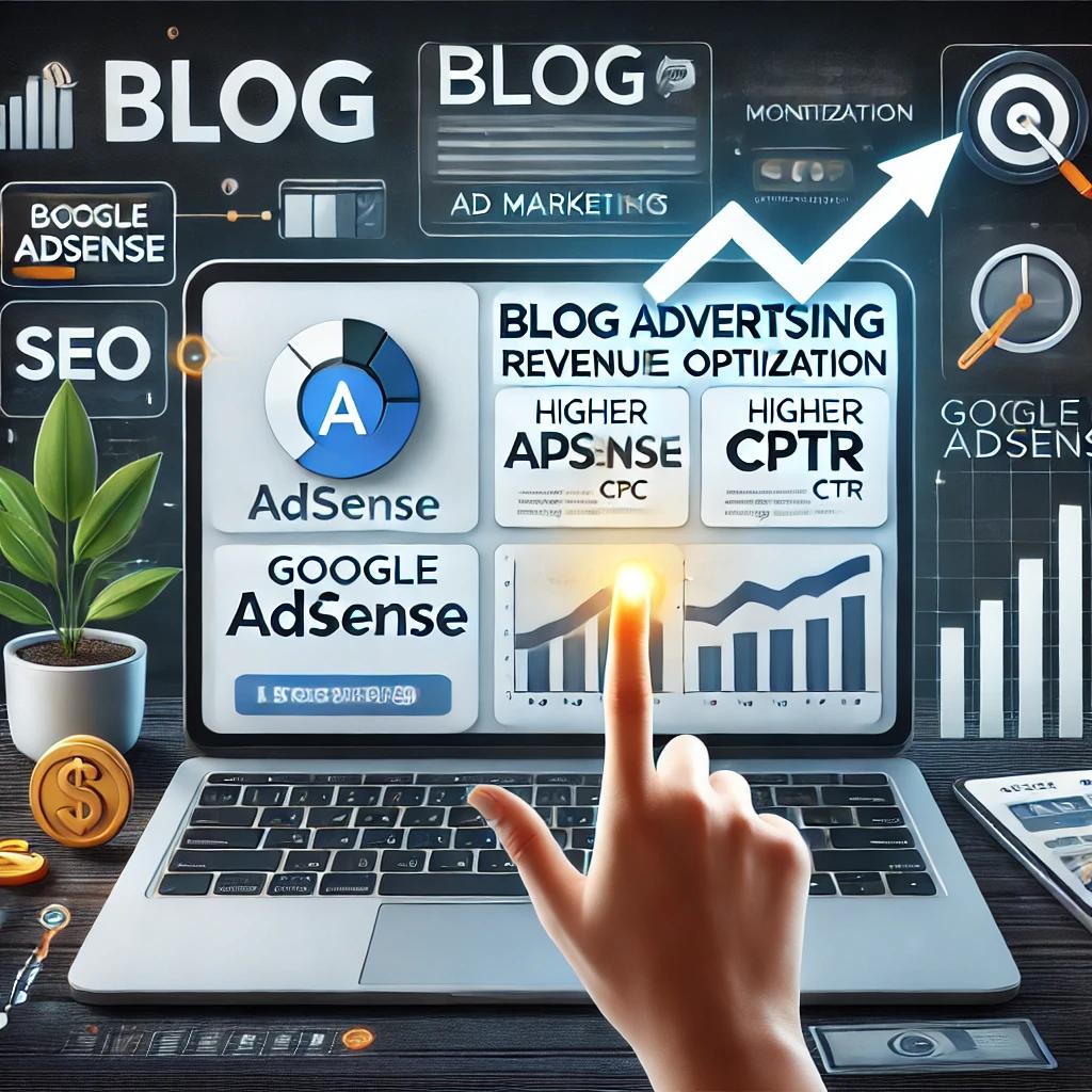 노트북에 구글 애드센스 화면이 떠 있고, 사람의 빛나는 검지 손가락이 화면을 가리키고 있다.