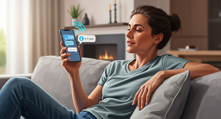 스마트폰으로 AI 챗봇과 즐겁게 대화하며 외국어를 연습하는 사람