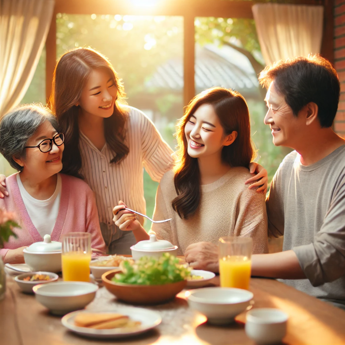 가족이 함께 부모님과 규칙적인 생활을 하는 모습