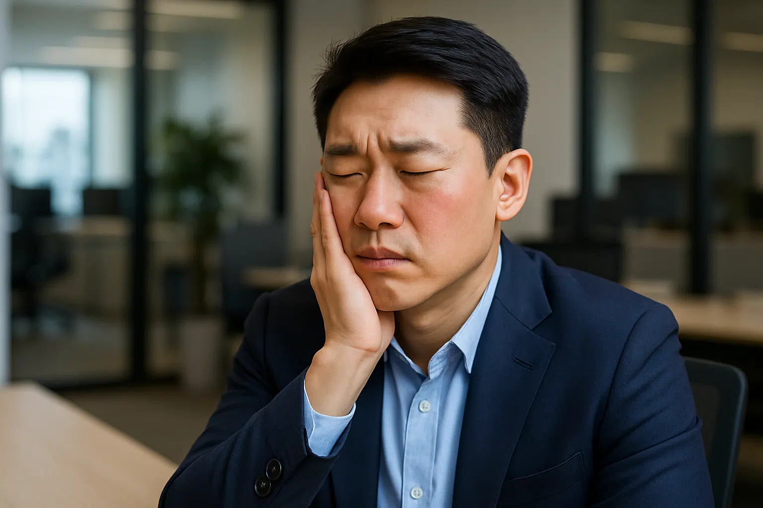 얼굴 한쪽을 손으로 문지르며 불편한 표정을 짓는 사람, 얼굴에 붉은 홍조가 퍼진 모습