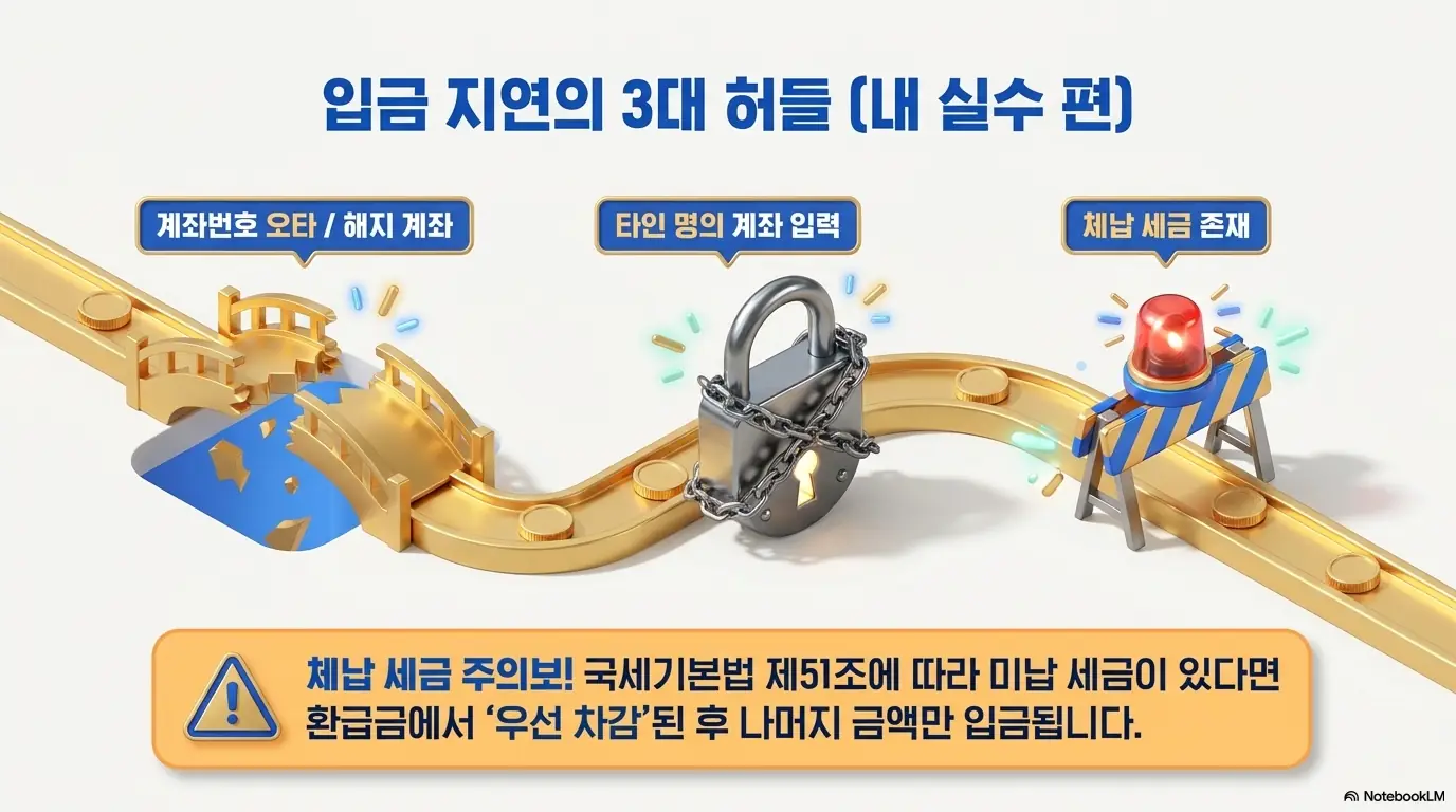 종합소득세 환급일: 계좌번호 오타 및 해지 계좌&amp;#44; 타인 명의 계좌 입력&amp;#44; 체납 세금 존재를 환급 지연의 3대 원인으로 정리하고 국세기본법 제51조에 따른 체납 충당을 경고하는 인포그래픽 이미지. 이 이미지는 종합소득세 환급 지연 원인과 대처법을 시각적으로 전달하며&amp;#44; 블로그의 환급금 미입금 시 확인사항과 관련된 내용을 설명함 