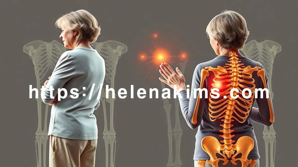 중년 이후 여성이 골다공증 증상을 겪고 있는 모습. 여성은 허리가 살짝 굽어 키가 줄어든 듯한 모습