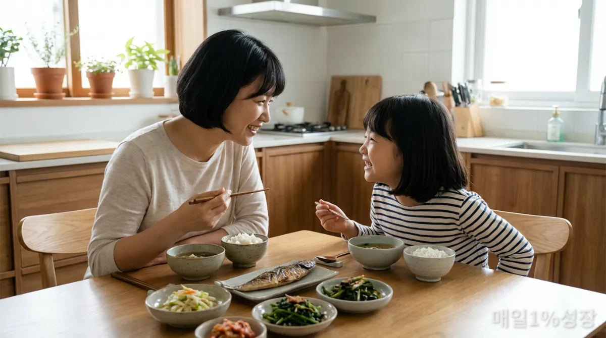 아침 식사를 하며 대화하는 한국인 엄마와 아이