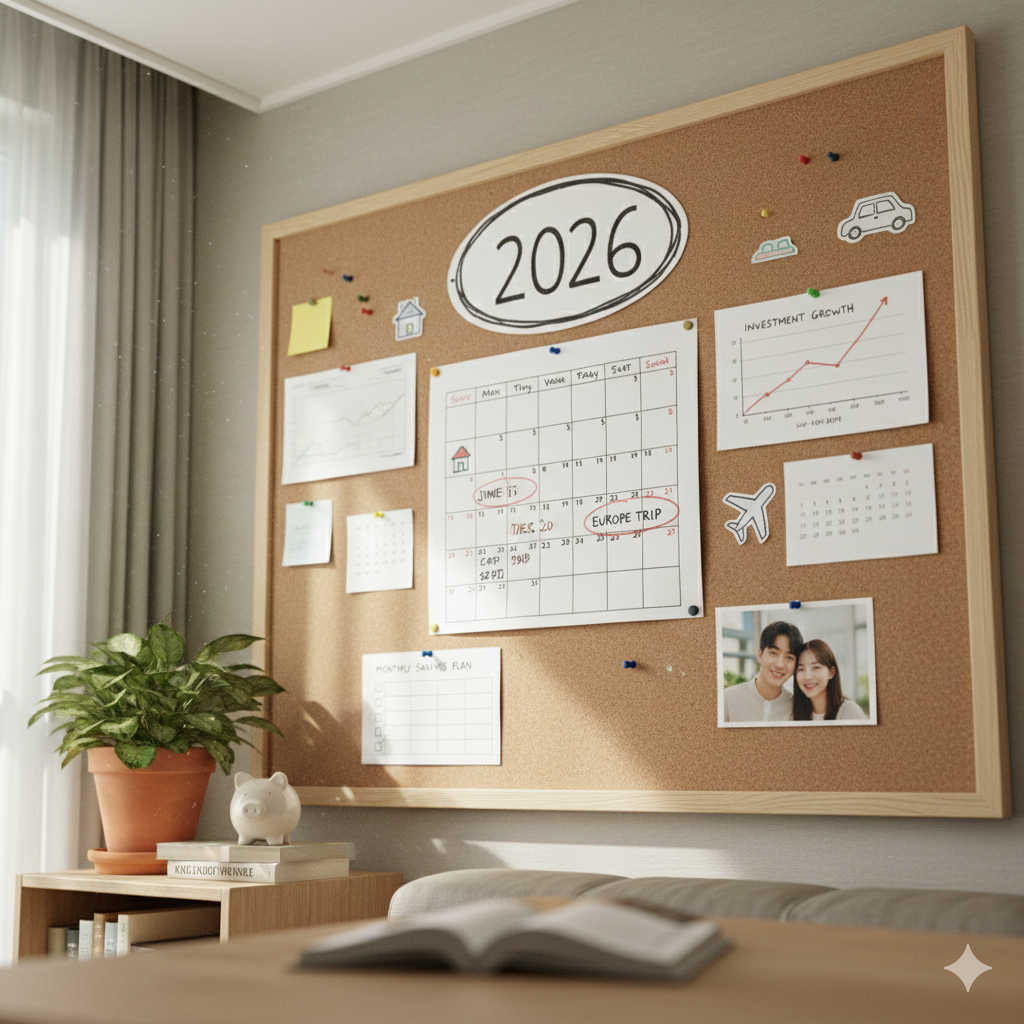 2026년 목표가 적힌 코르크 보드에 유럽 여행, 투자 성장 그래프, 저금통, 가족 사진 등이 붙어 있는 홈 오피스 벽면 장면.