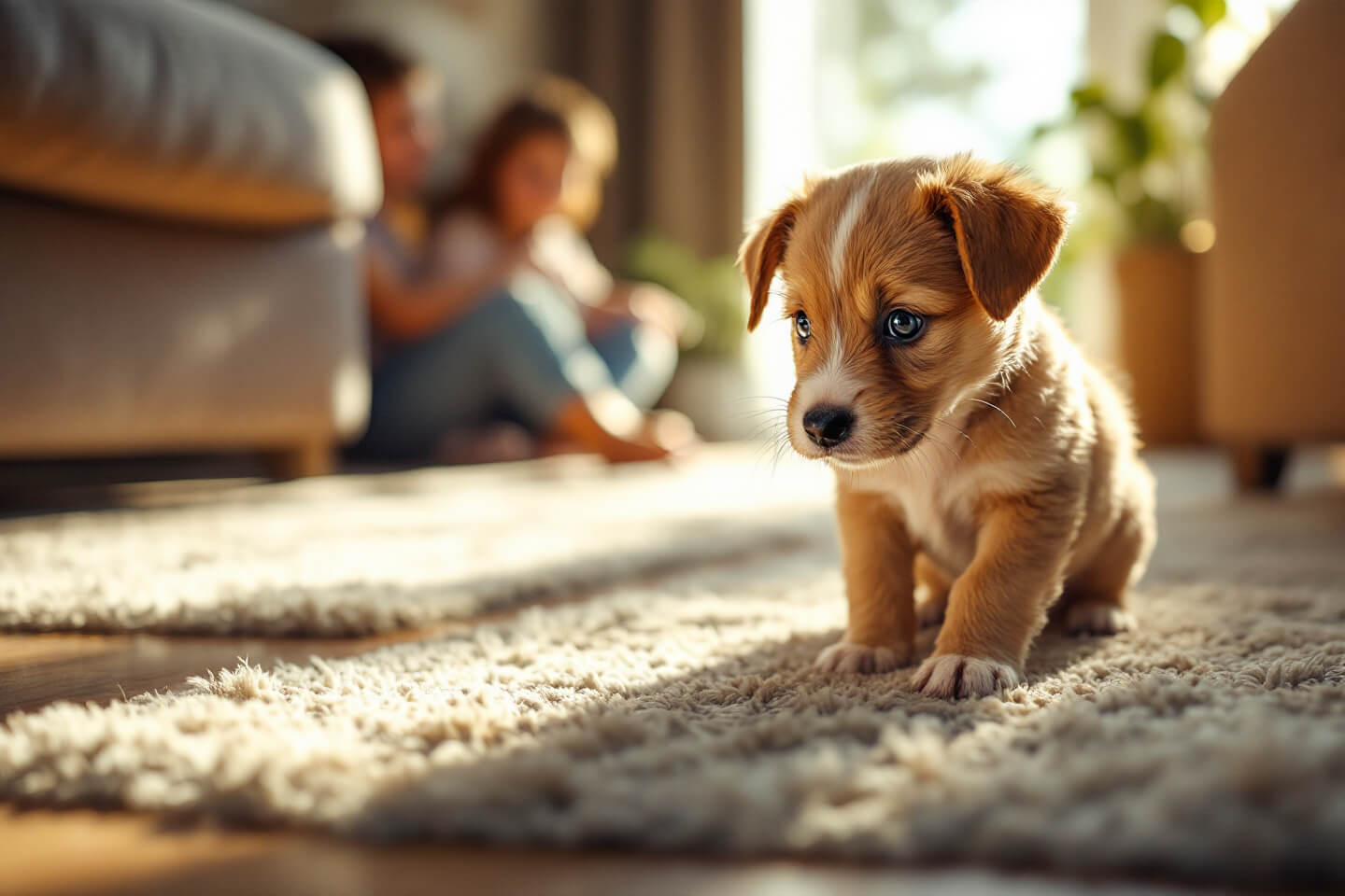 puppy exploring new home cautiously while family watches from a distance