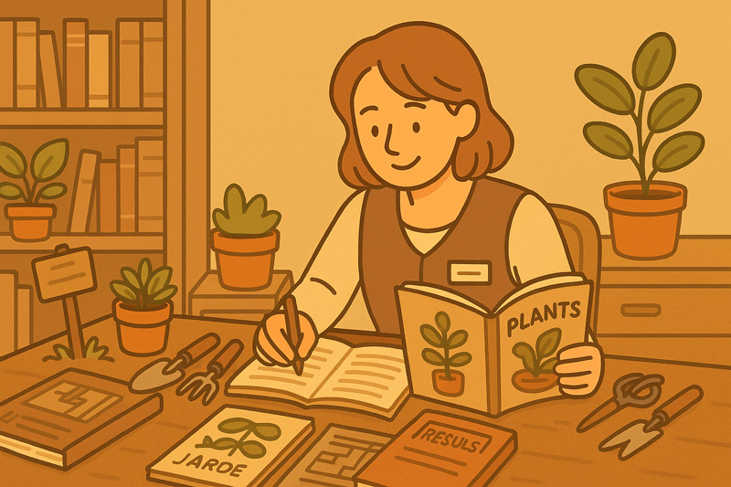 여성이 식물도감과 조경 관련 책을 보며 노트에 필기하는 모습, 책상에는 조경 도구와 교재가 놓여 있음