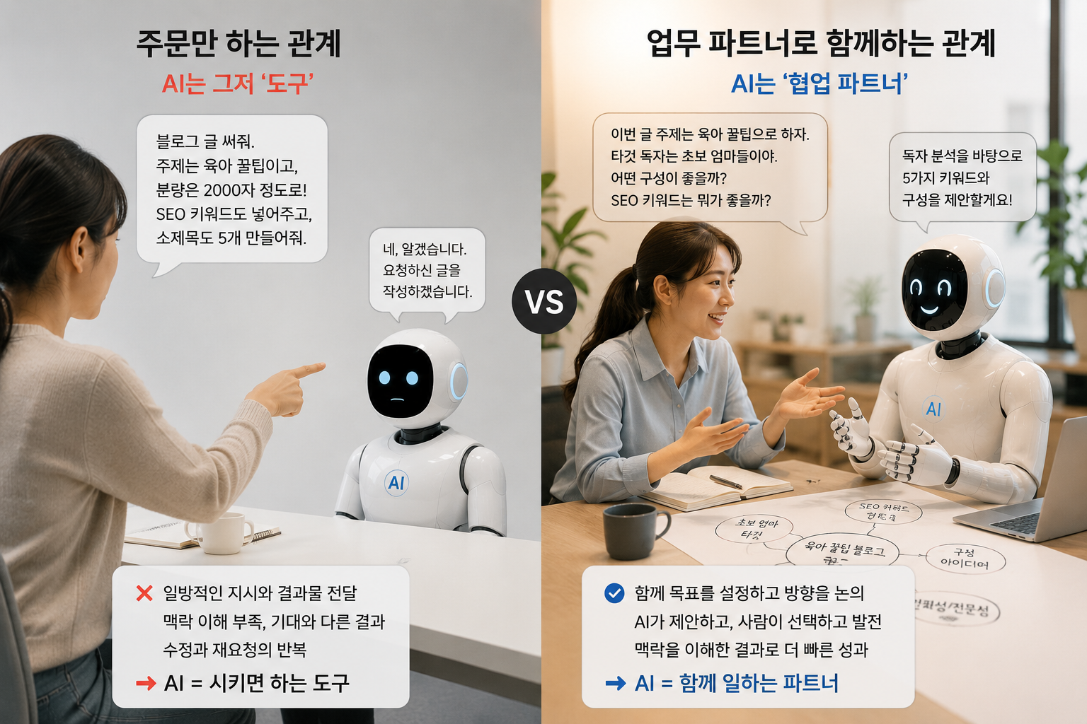 AI를 도구처럼 사용하는 방식과 협업 파트너처럼 활용하는 방식을 비교한 인포그래픽