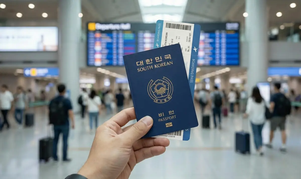 설레는 마음으로 출국을 앞두고 공항에서 여권을 들고 있는 여행객의 손