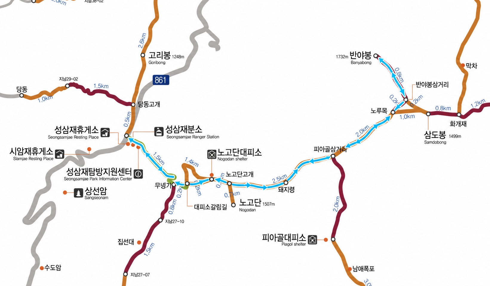 성삼재에서 노고단고개와 노루목을 거쳐 반야봉으로 이어지는 이동 경로를 가이드선으로 표시한 코스 지도