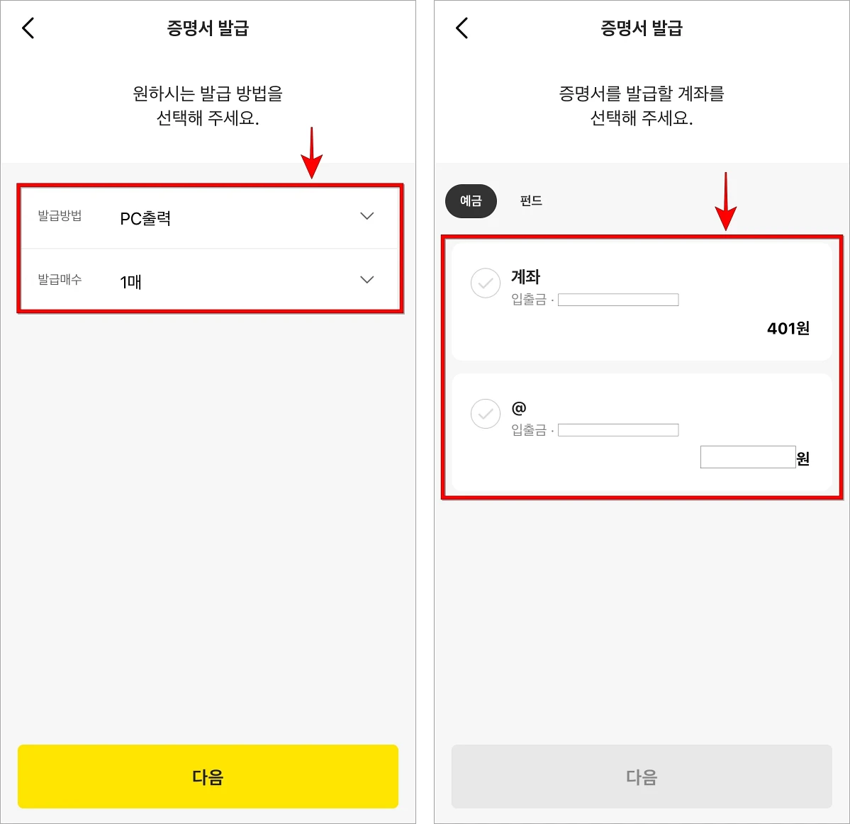 증명서 발급 방법을 선택하고 증명서를 발급할 계좌를 선택