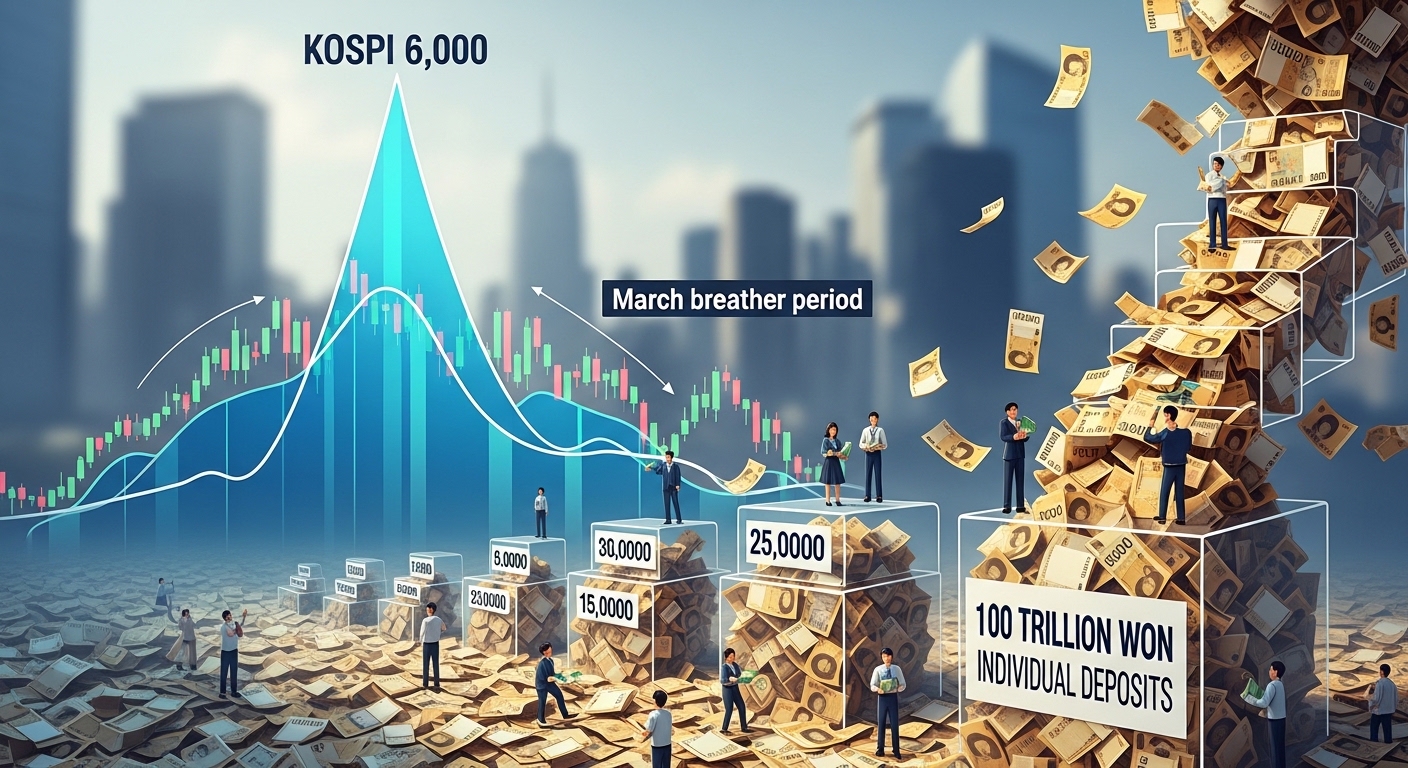 코스피 6000 돌파 이후 3월 숨 고르기 구간 차익실현 개인 예탁금 100조 블루그레이