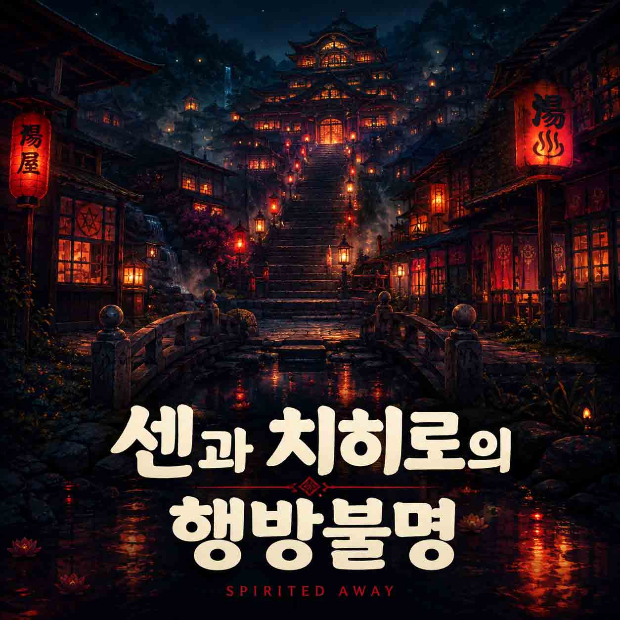 영화 센과 치히로의 행방불명을 표현한 붉은 등불이 빛나는 신비로운 온천 마을의 밤 풍경 이미지