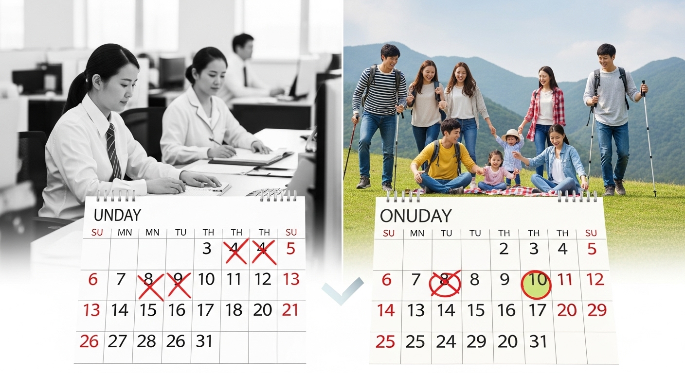 과거의 경제성장 중심 사회와 현재의 워라밸 및 내수 경제 활성화 중심 사회를 대비하는 이미지